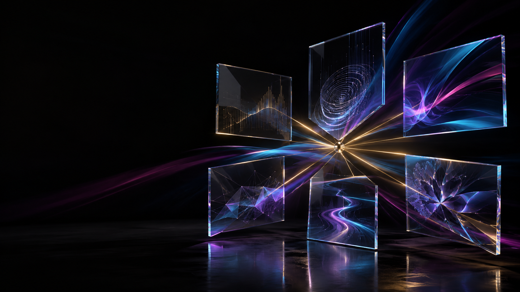 Prismatic glass panels connected by violet, aqua, and gold light
