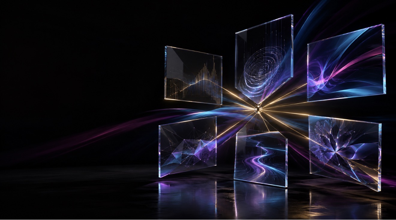 Prismatic glass panels reflecting violet, cyan and gold light around a glowing center